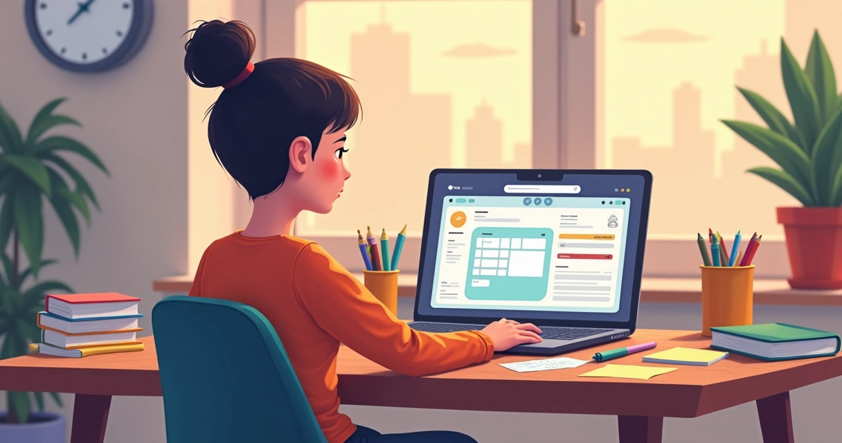 Estudante usando Notion no laptop com anotações ao redor 