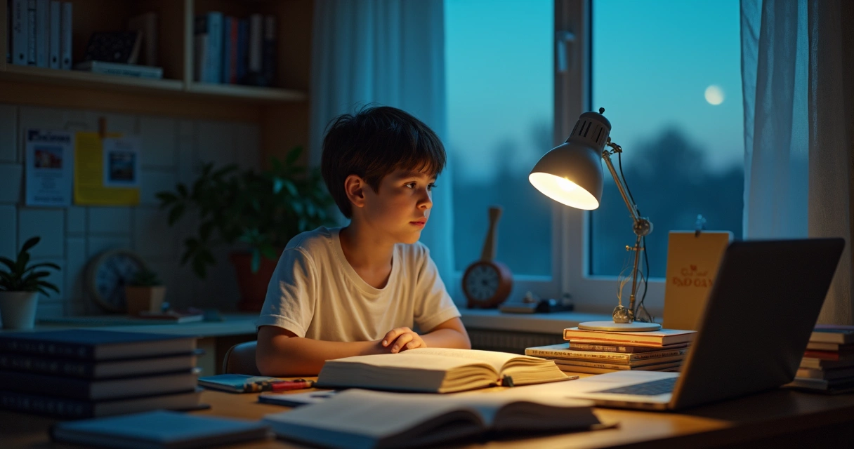 Jovem estuda à noite com livros sobre a escrivaninha iluminada