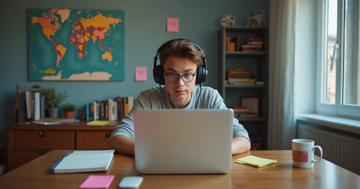 Pessoa estudando idioma no computador em casa, caderno ao lado, ambiente tranquilo 