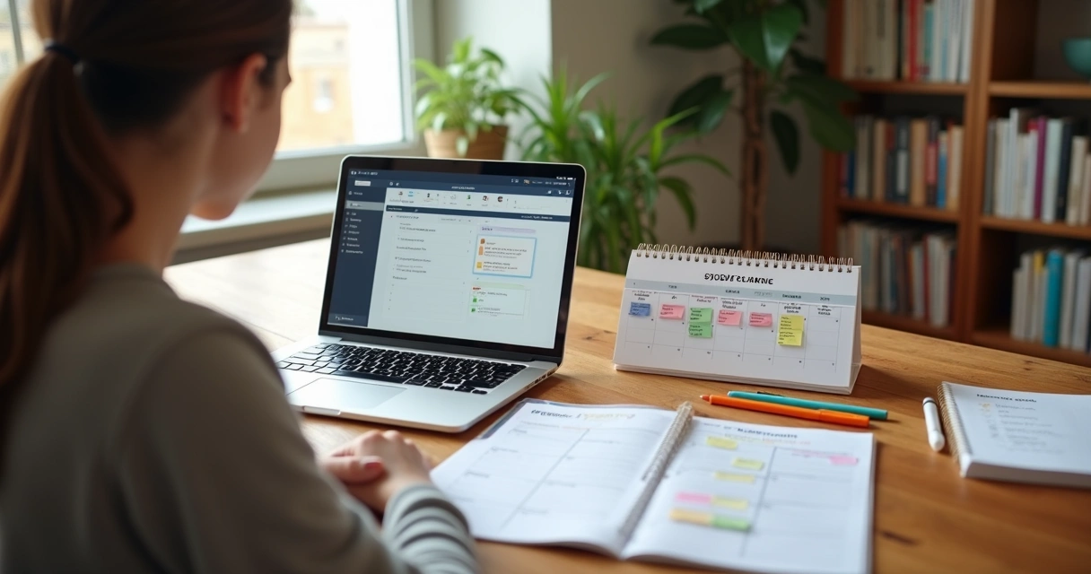 Estudante organizando ciclo de estudos com materiais, calendário e laptop na mesa de madeira 