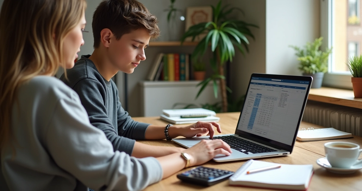 Estudante sentado à mesa organizando orçamento com laptop e anotações 