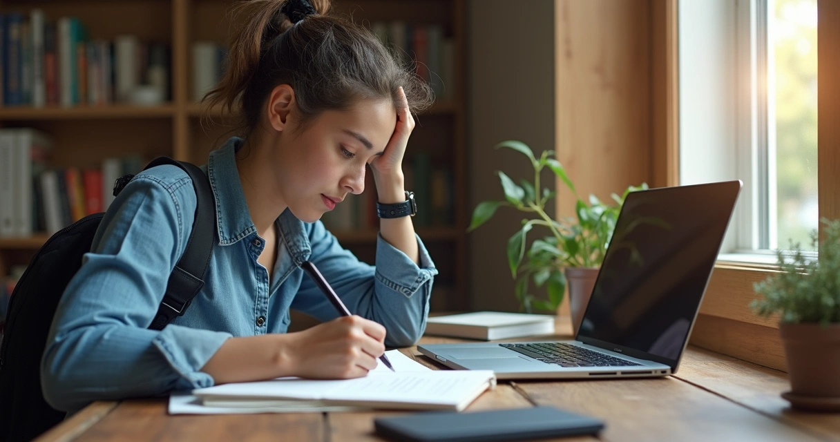 Estudante organizando rotina de estudos com caderno, laptop e calendário de estudos