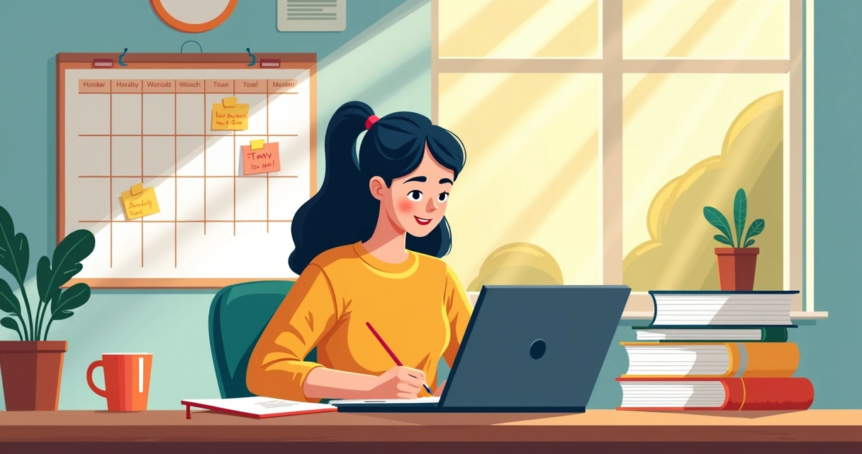 Estudante faz anotações enquanto organiza tarefas de estudo