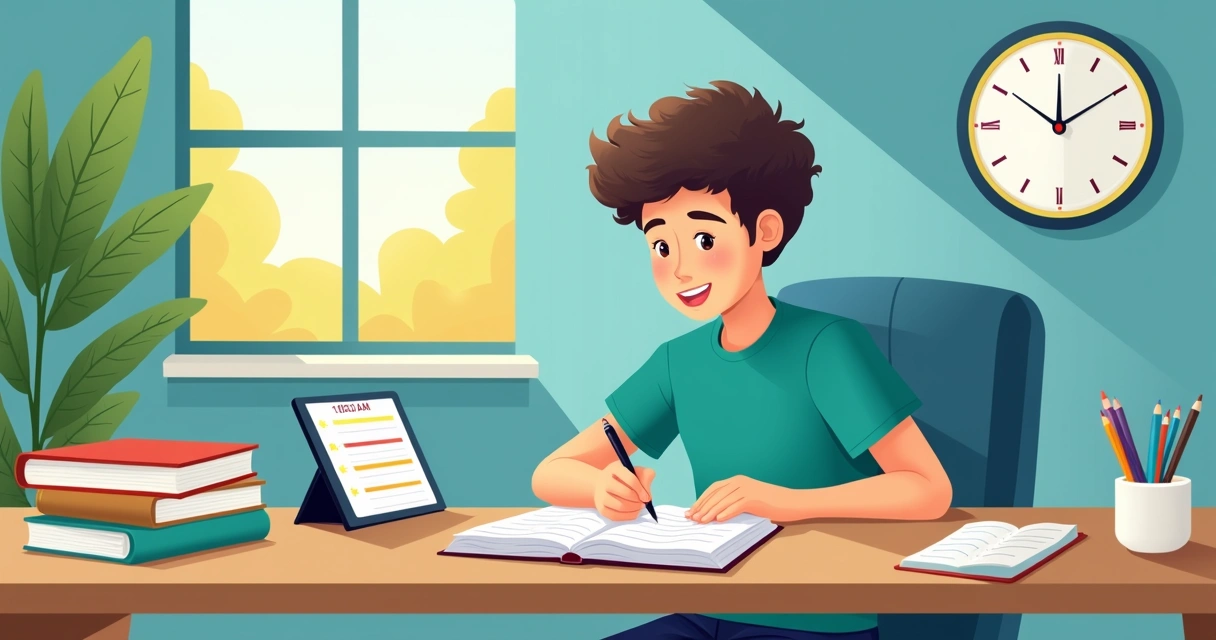 Jovem organizando agenda de estudos em mesa com livros