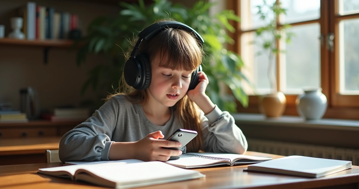 Estudante com fone de ouvido sentado com caderno aberto