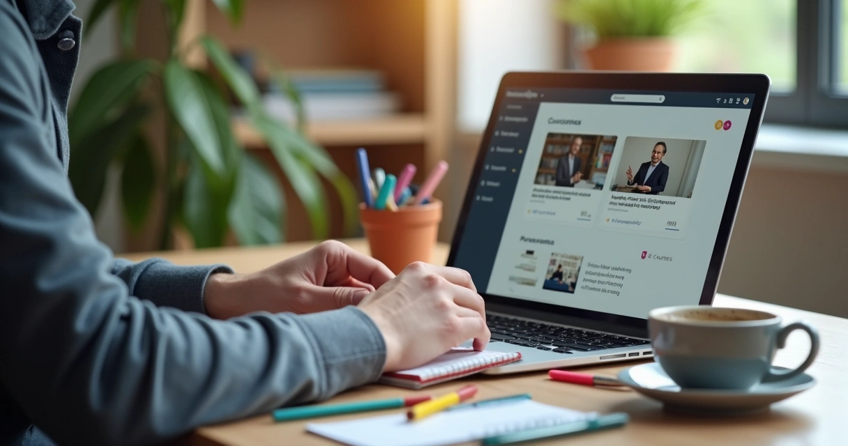 Pessoa analisando cursos em laptop e fazendo anotações à mesa 