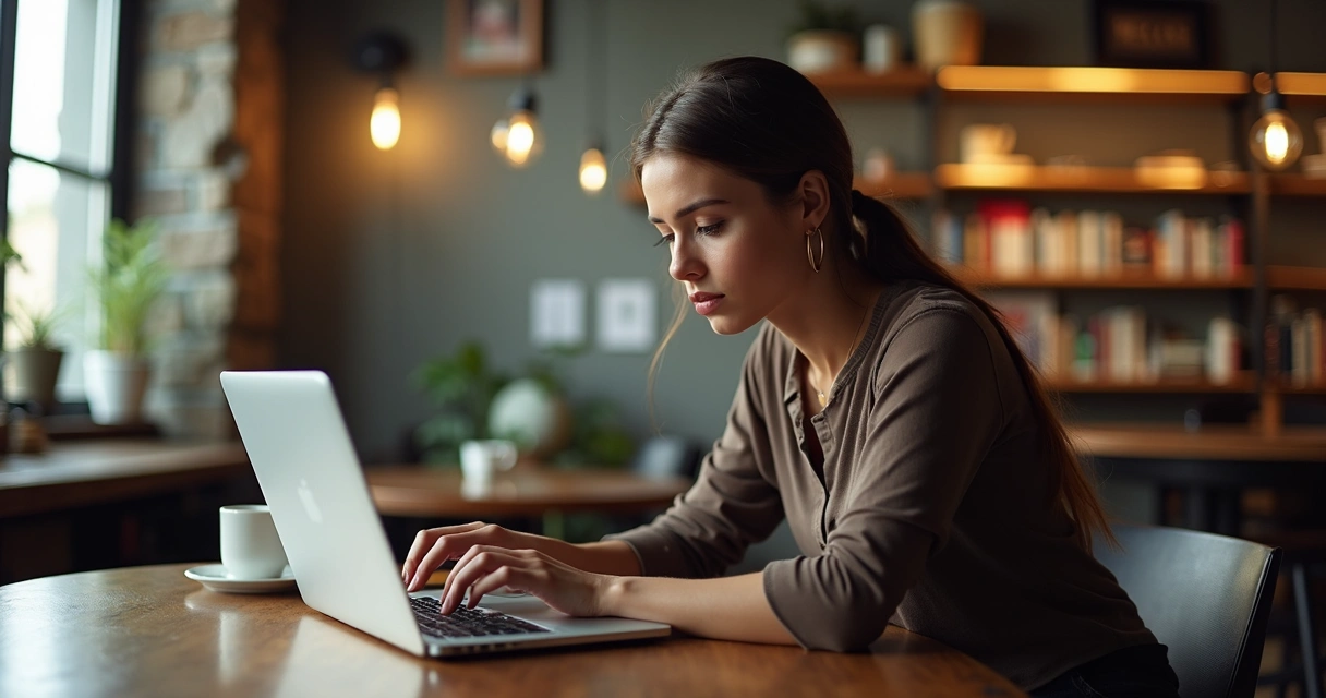Estudante usando laptop em mesa com café, comparando opções de imóveis em site digital 