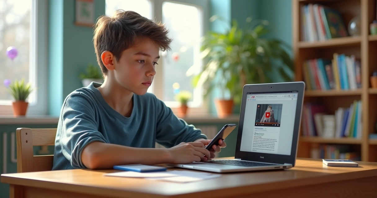 Estudante usando notebook e smartphone para pesquisar conteúdo escolar em vídeo e texto online 