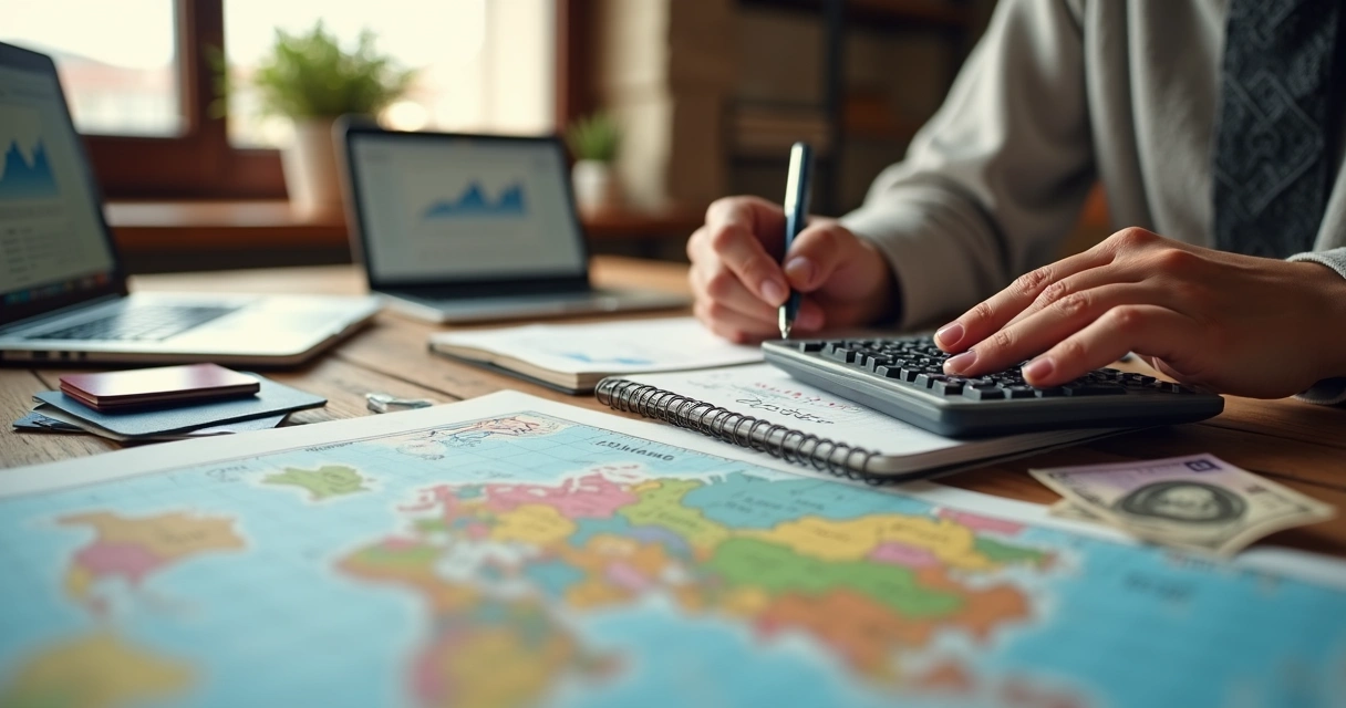 Estudante organiza financiamento para intercâmbio usando mapa, caderno e notas estrangeiras sobre a mesa 