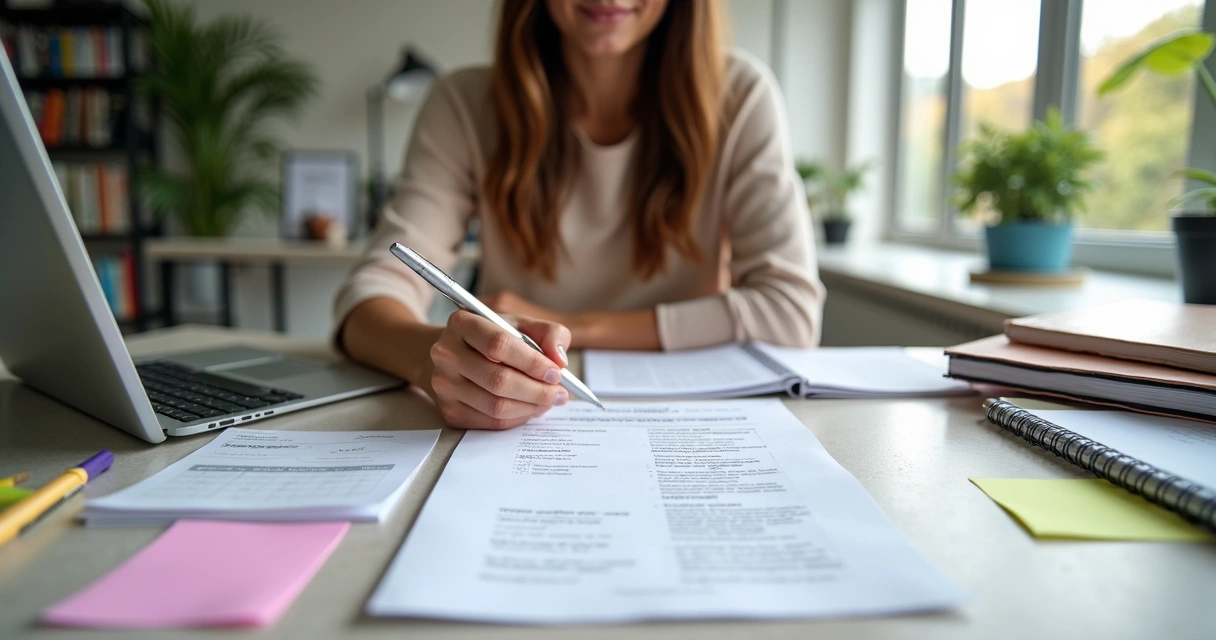 Estudante organizando currículo e metas de carreira em uma mesa 