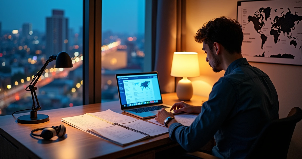 Adulto planejando estudo para o IELTS em mesa com cidade iluminada ao fundo 