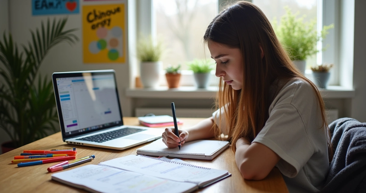 Estudante organizando plano de estudos em mesa com caderno, computador e materiais escolares 