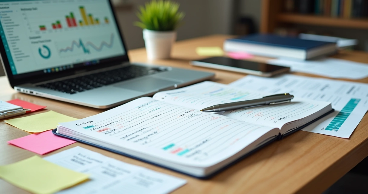 Pessoa organizando um plano de estudos de finanças com materiais espalhados na mesa 