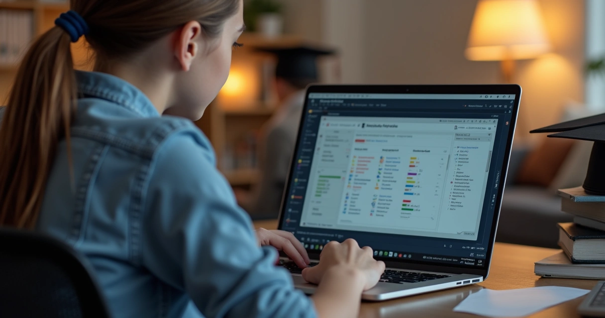 Estudante praticando exercícios em uma lista digital em notebook 