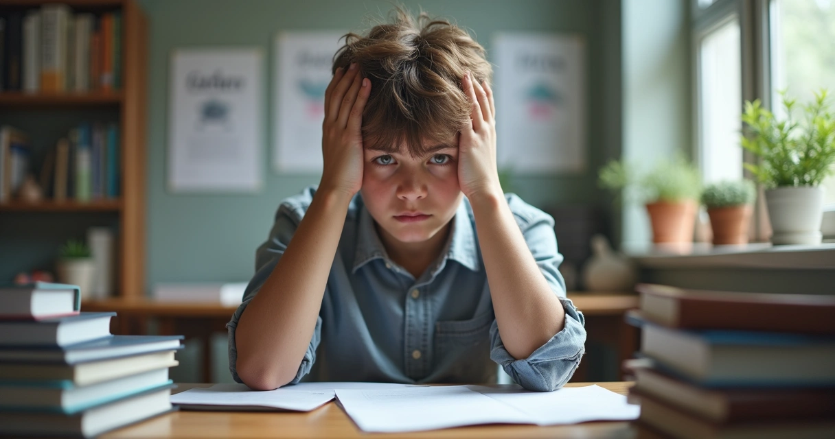 Jovem sentado à mesa com livros e expressão apreensiva 