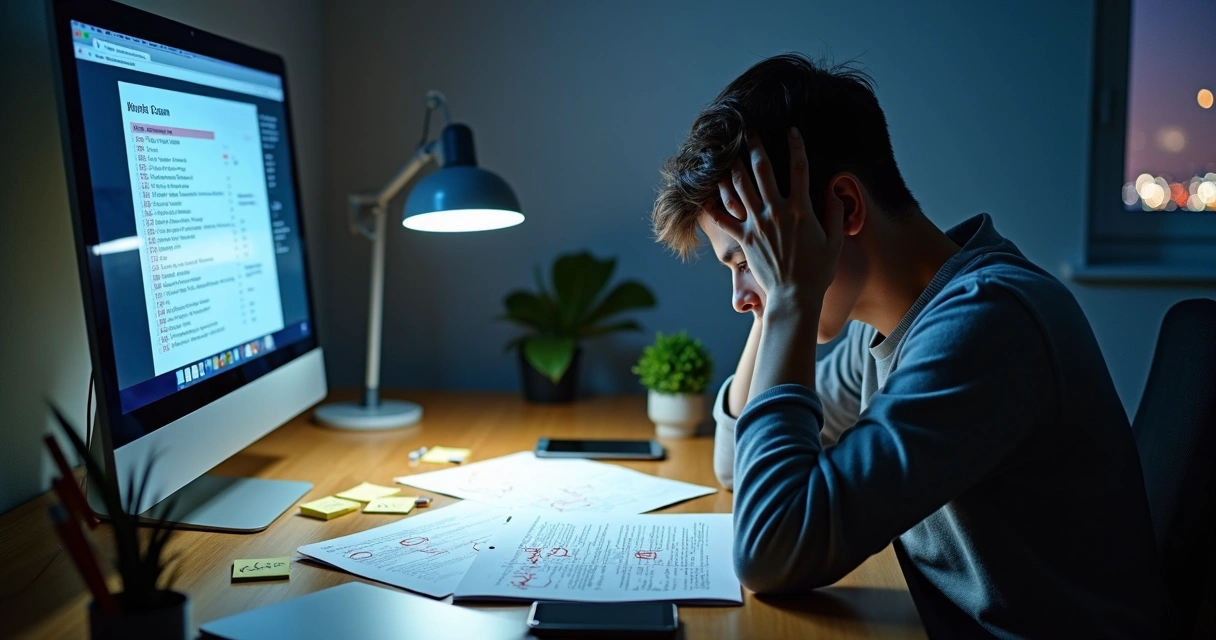 Estudante preocupado diante de material de estudo para certificação ANBIMA 