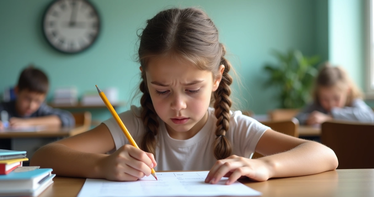 Estudante sentado à mesa olhando preocupado para a prova 