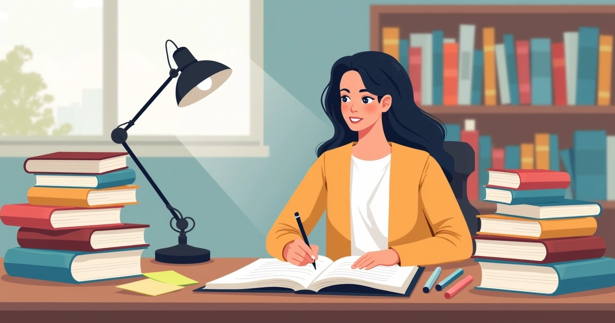 Estudante organizando livros e anotando em caderno na mesa de estudo 