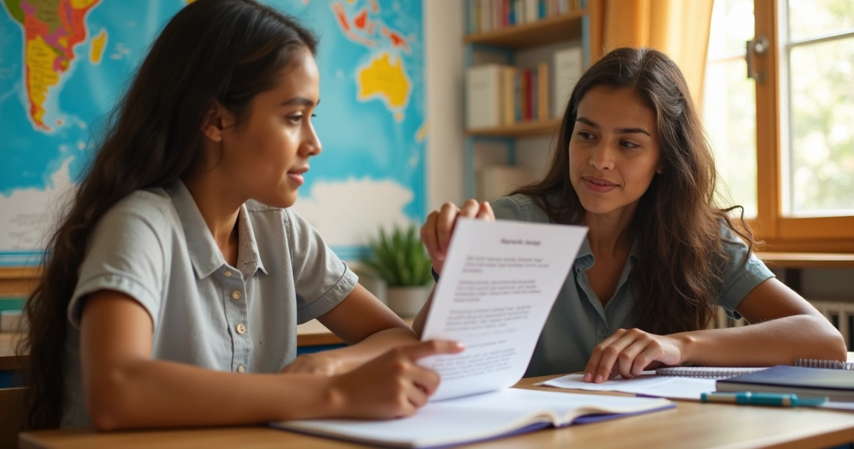 Estudante e professora discutindo carta de recomendação