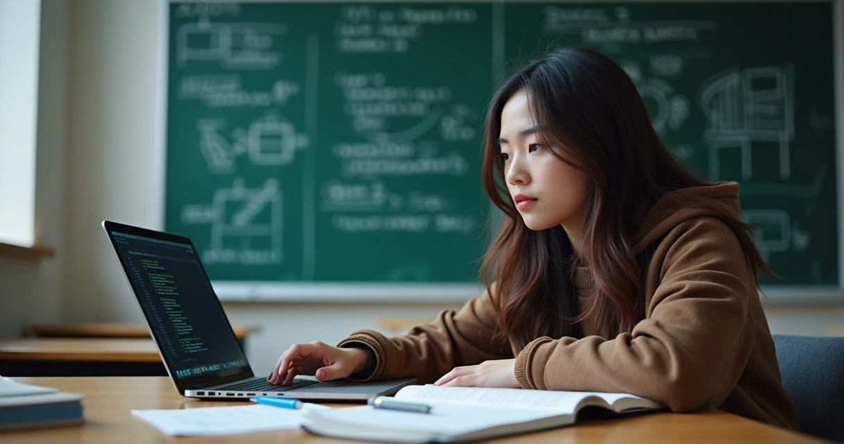 Aluna estudando programação em sala de aula com notebook aos livros 