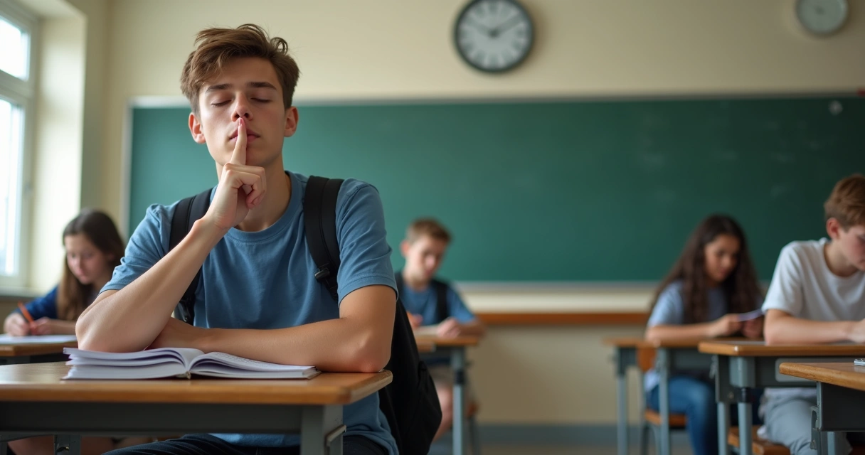 Jovem praticando respiração profunda antes da prova em sala de aula, colegas ao fundo 