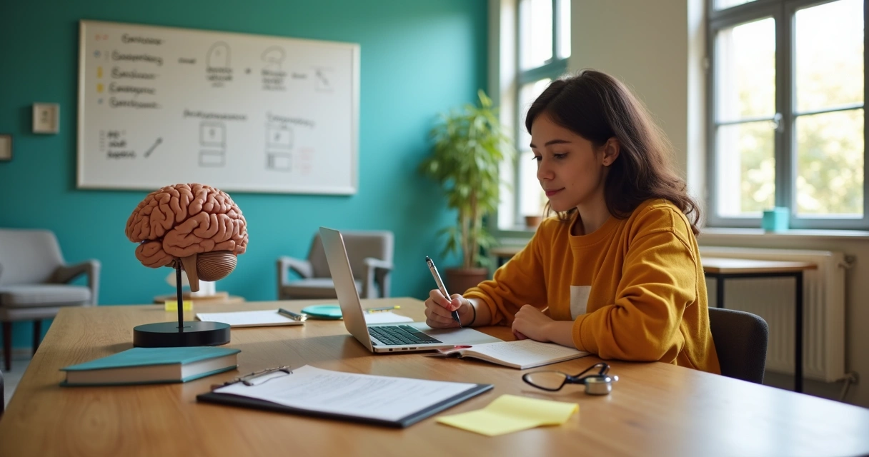 Estudante de psicologia em espaço com livros mexendo em notebook e observando manequim de cérebro humano 