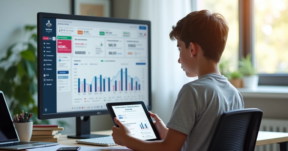 Estudante recebendo microcertificado digital em tablet, ao fundo tela com gráfico de progresso acadêmico 