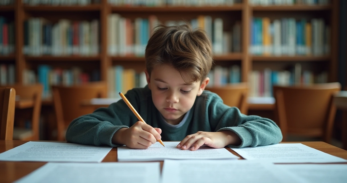 Estudante escrevendo redação concentrado na biblioteca