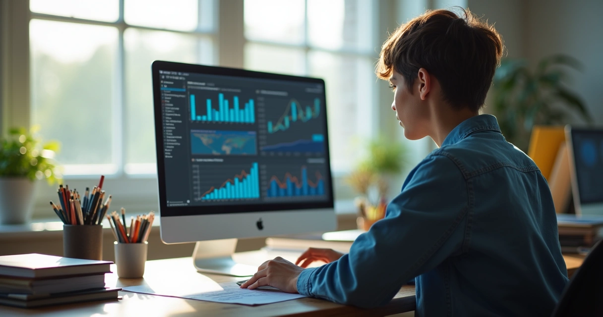 Estudante olhando dados educacionais na tela 