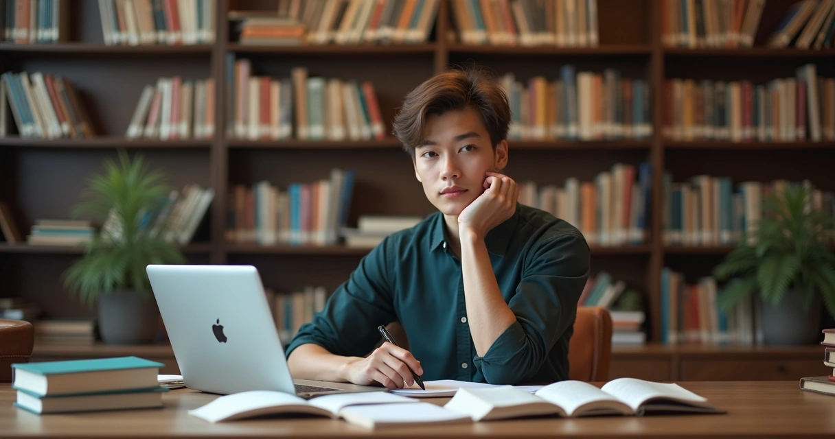 Estudante de Psicologia refletindo em biblioteca