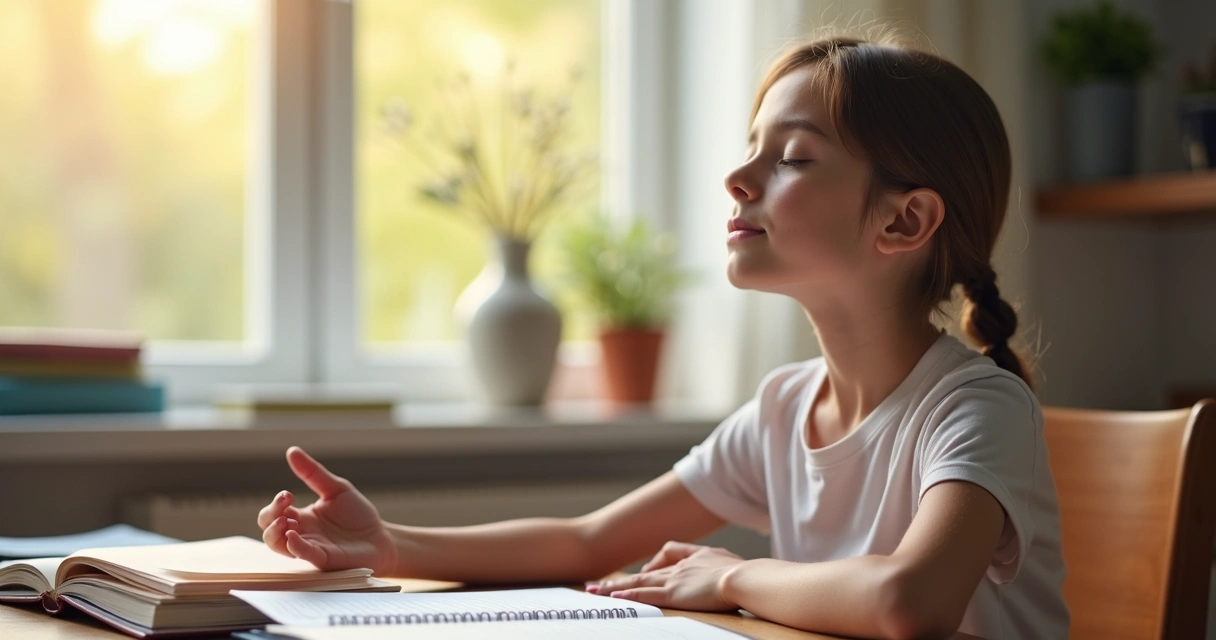 Estudante relaxando antes de prova, ambiente tranquilo, energia reiki representada por luz suave 