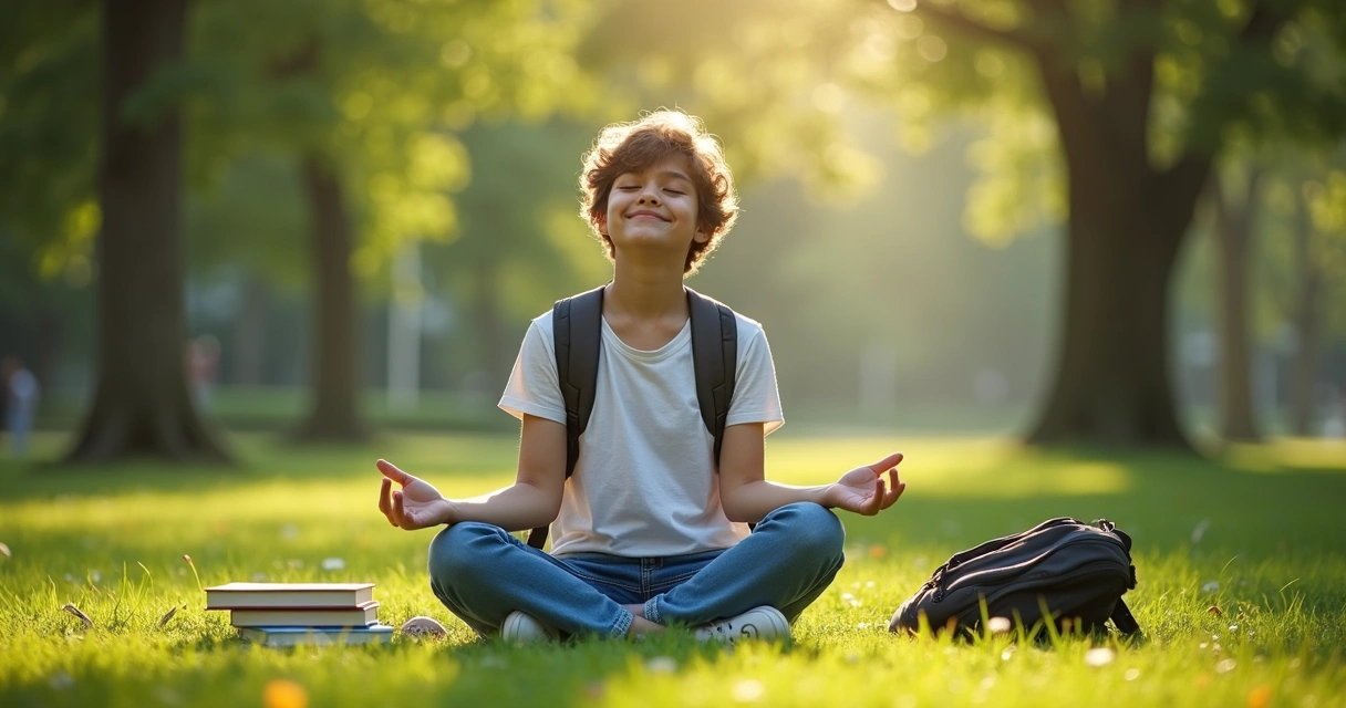 Estudante ao ar livre meditando em um gramado