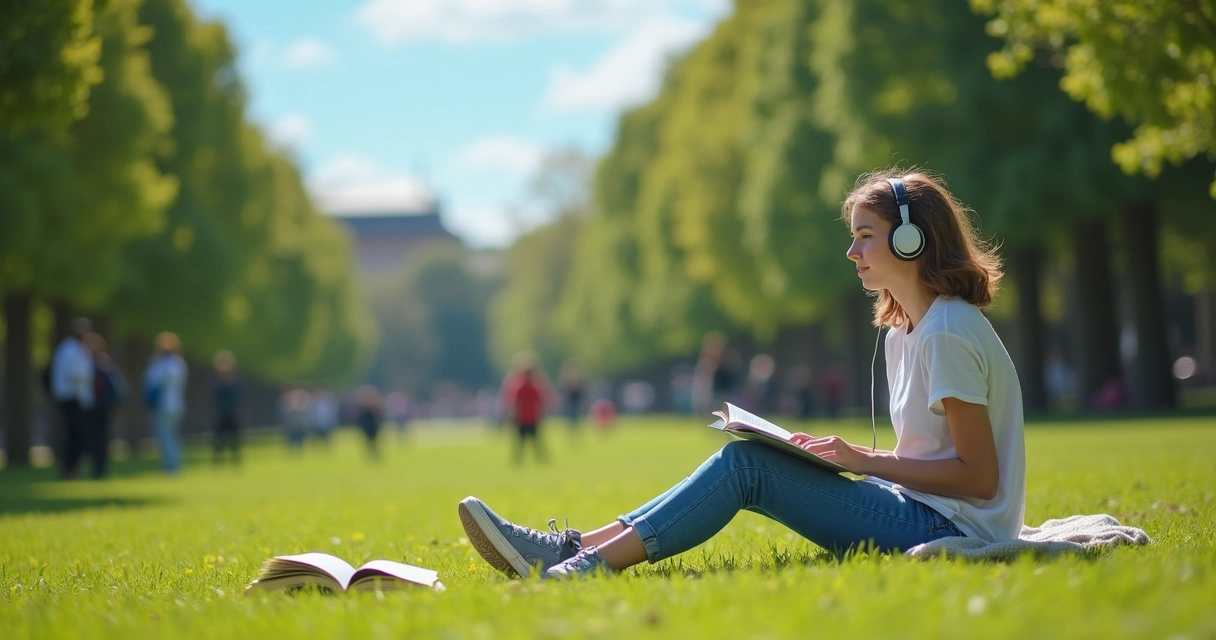 Aluno relaxando em um parque com livros ao lado 