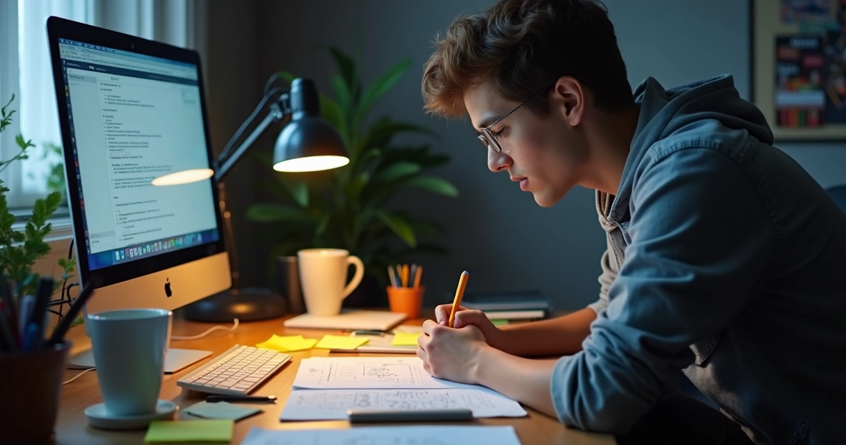 Estudante concentrado resolvendo questão complexa com rascunhos ao redor 