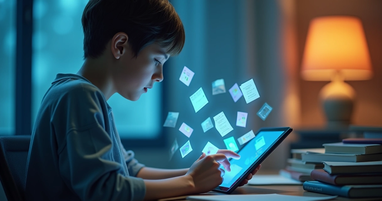 Estudante estudando com flashcards digitais e IA 