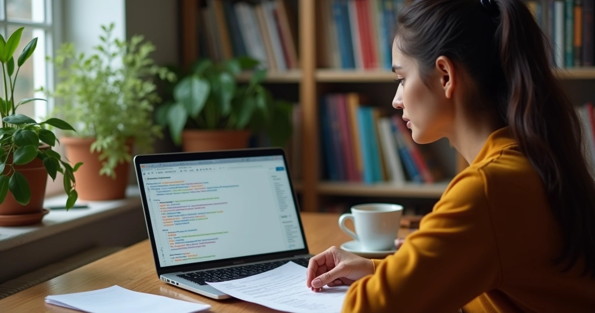 Estudante revendo texto acadêmico em computador com comentário gerado por IA