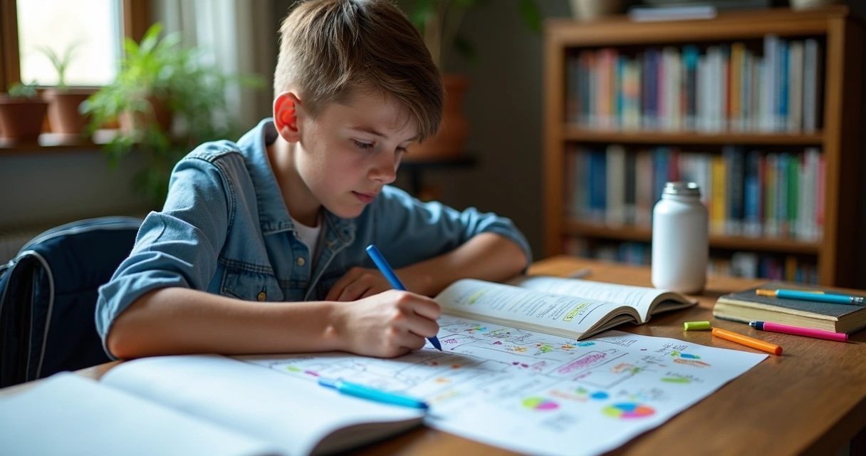 Estudante sentado revisando mapa de conceitos com livros ao redor