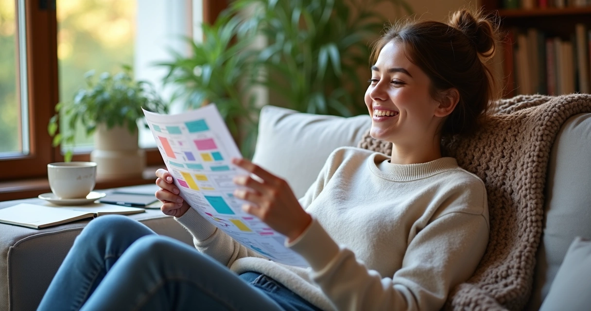 Estudante sorrindo revisando mapas mentais com postura relaxada