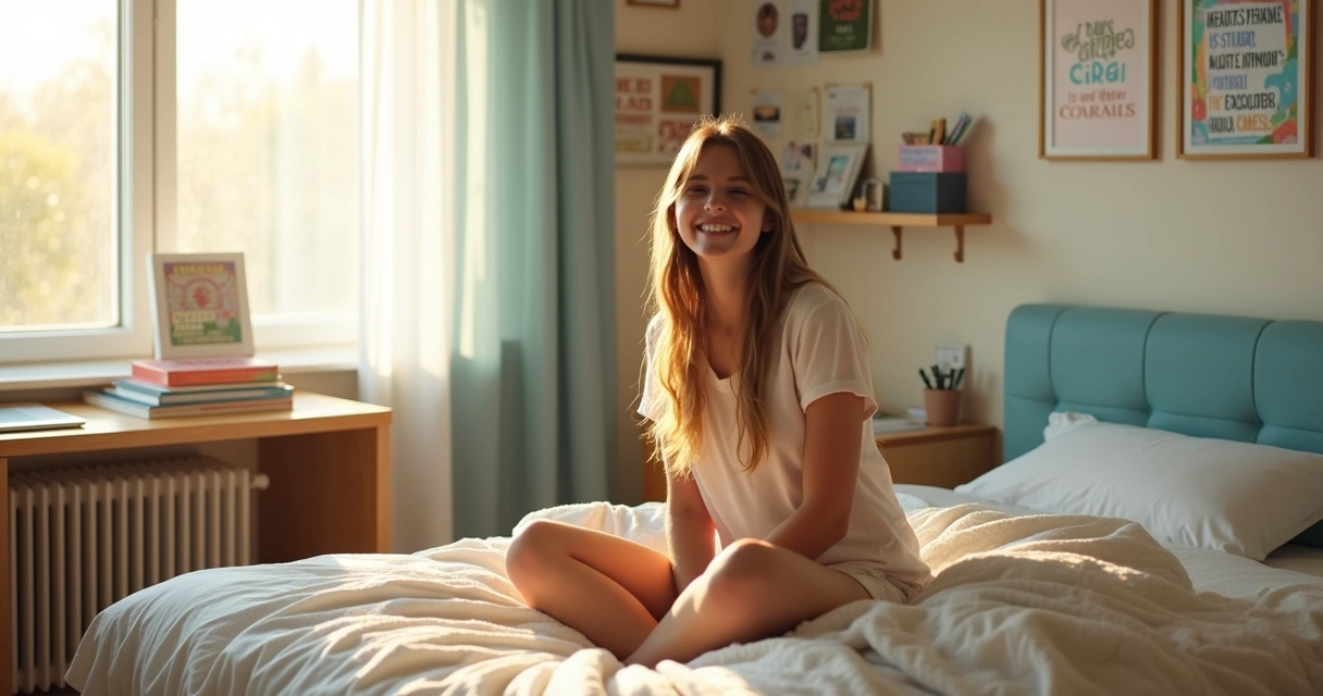 Estudante sorrindo logo ao acordar em um quarto iluminado