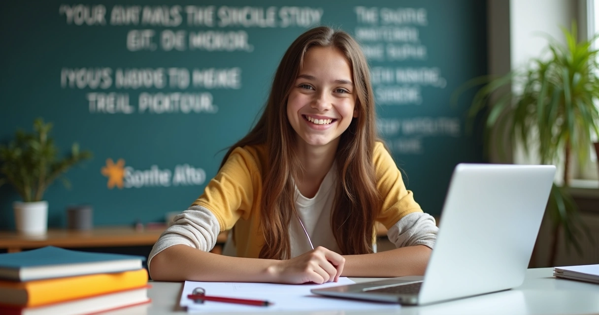 Estudante sorridente em mesa de estudos com logo Sonhe Alto ao fundo 