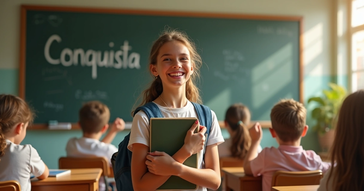 Estudante sorridente comemorando conquista com livro e punho fechado 