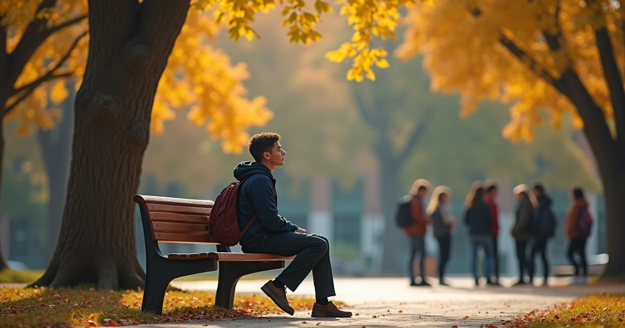 Estudante sentado sozinho em banco no campus universitário
