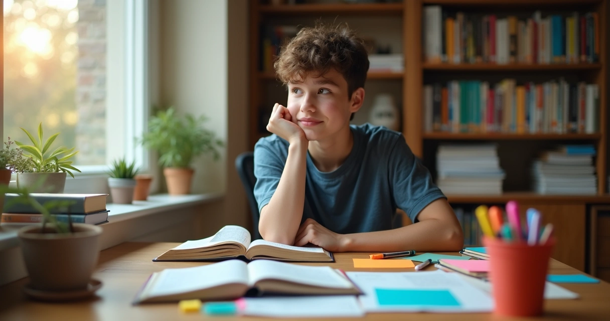 Estudante concentrado em livros abertos numa mesa 