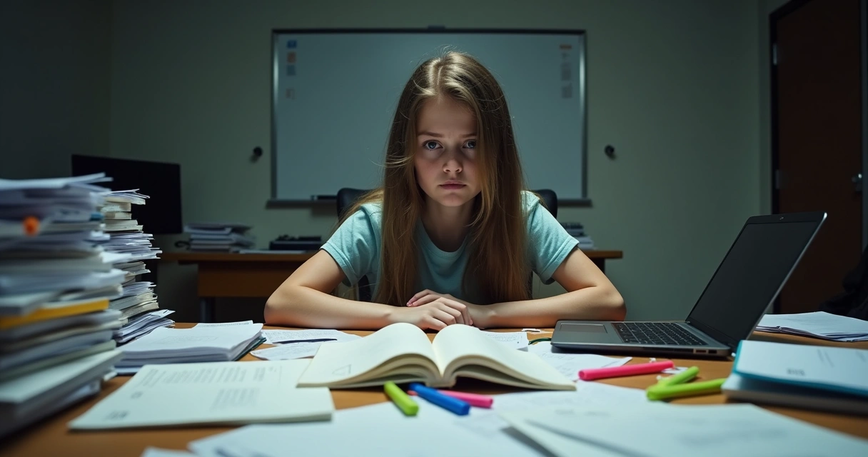 Mesa com estudante sozinho e materiais de estudo dispersos. 