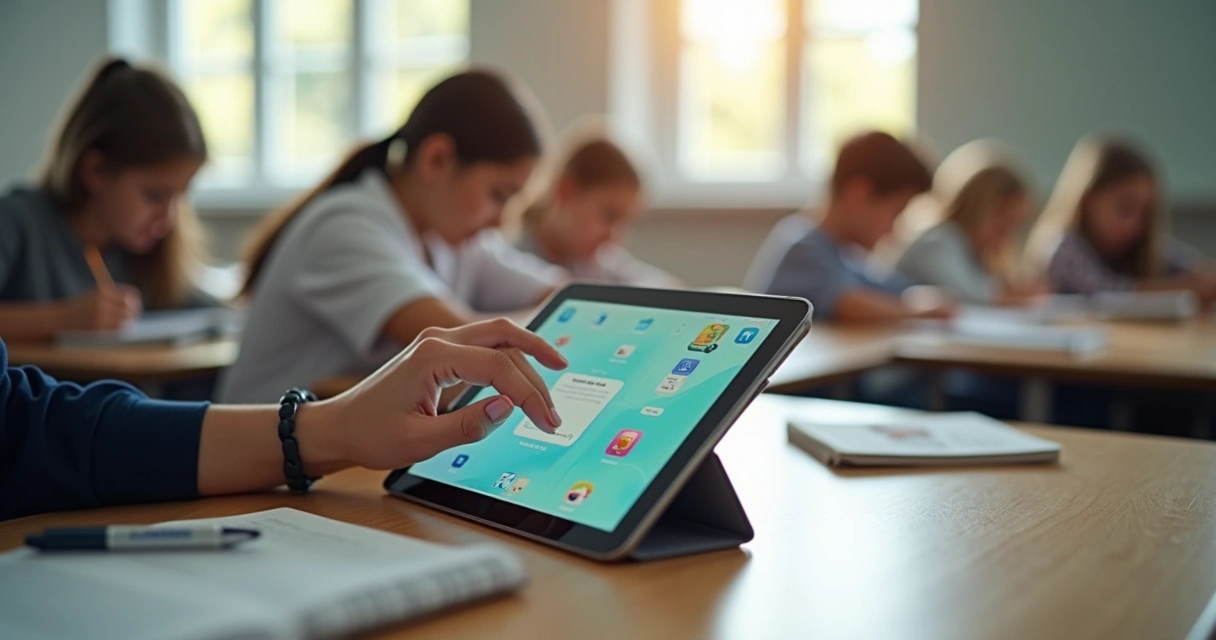 Aluno com tablet estudando em sala de aula 