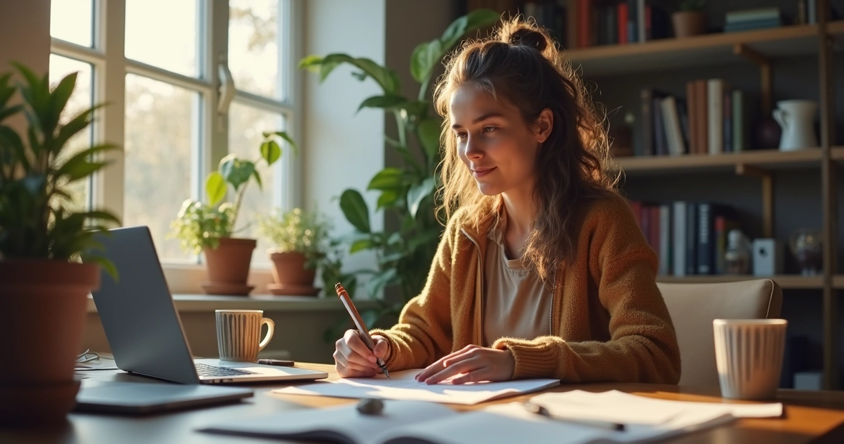 Pessoa estudando em computador em ambiente doméstico 