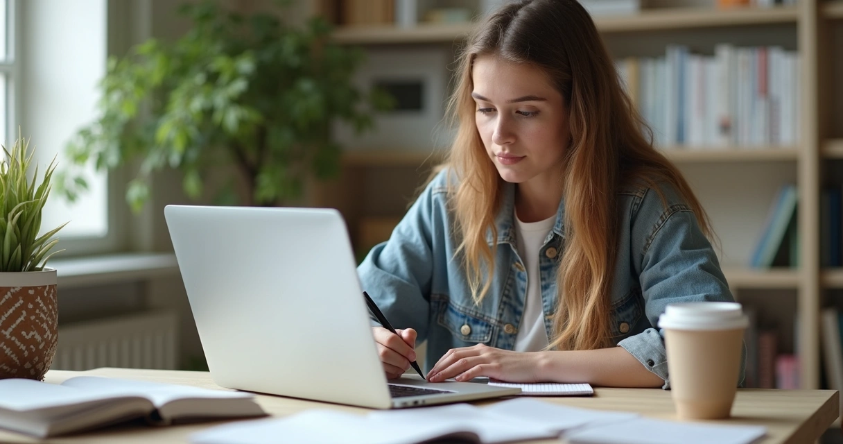 Estudante faz anotações em caderno ao lado de notebook aberto, livros e uma caneca sobre mesa 