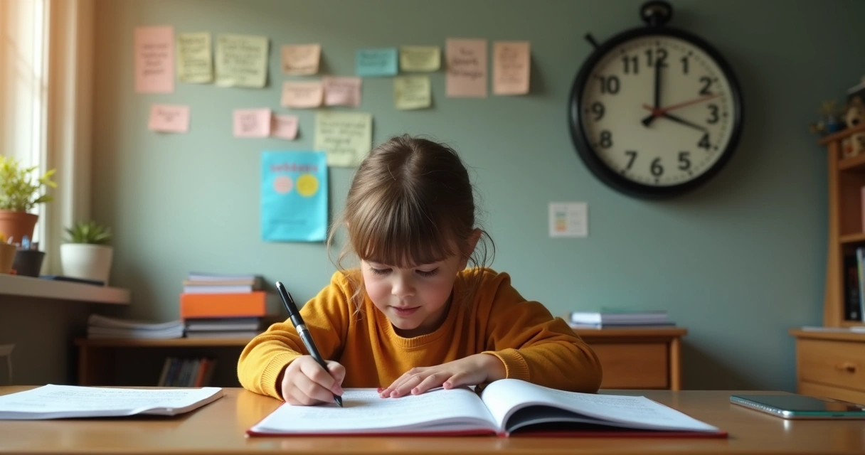 Estudante escrevendo redação em ambiente de estudo com relógio marcando tempo
