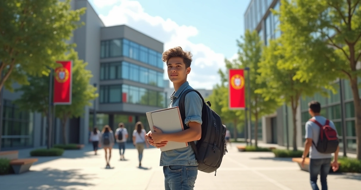 Estudante com mochila em campus universitário moderno em Portugal 
