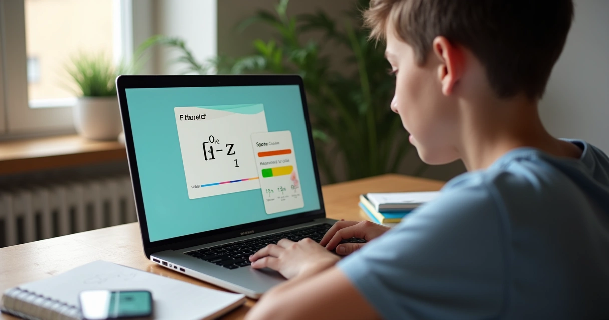Estudante criando flashcards digitais em notebook 